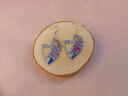 Boucles d'oreilles visage feuille multicouleur
