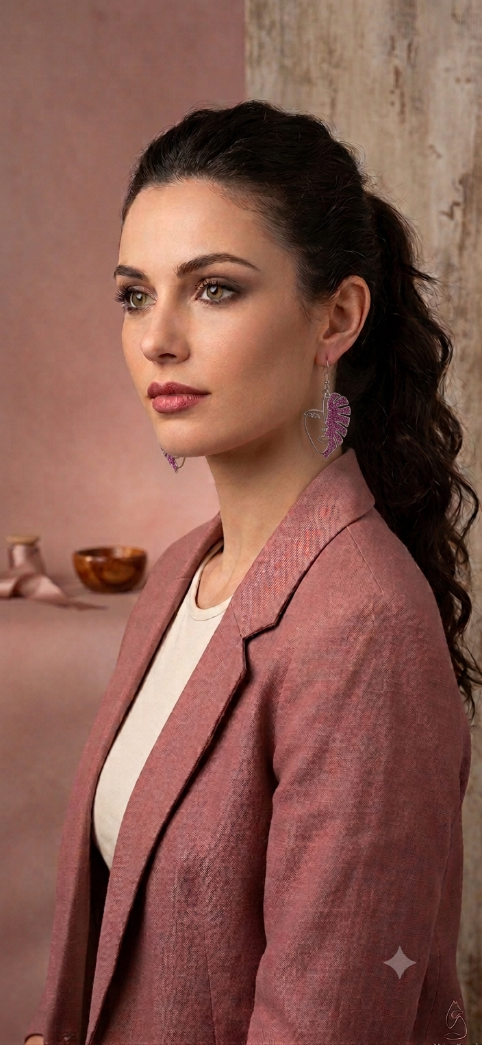 Boucles d'oreilles visage feuilles fuchsia